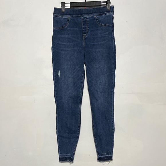 SPANX Distressed Medium Wash Denim High Rise Elastic Waist Jegging Size Medium - Picture 2 of 10